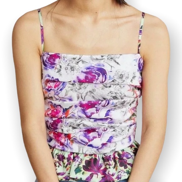 New Delfi Collective Anthropologie Mila L Purple Green Floral Ruched Silky Tank - Picture 1 of 6